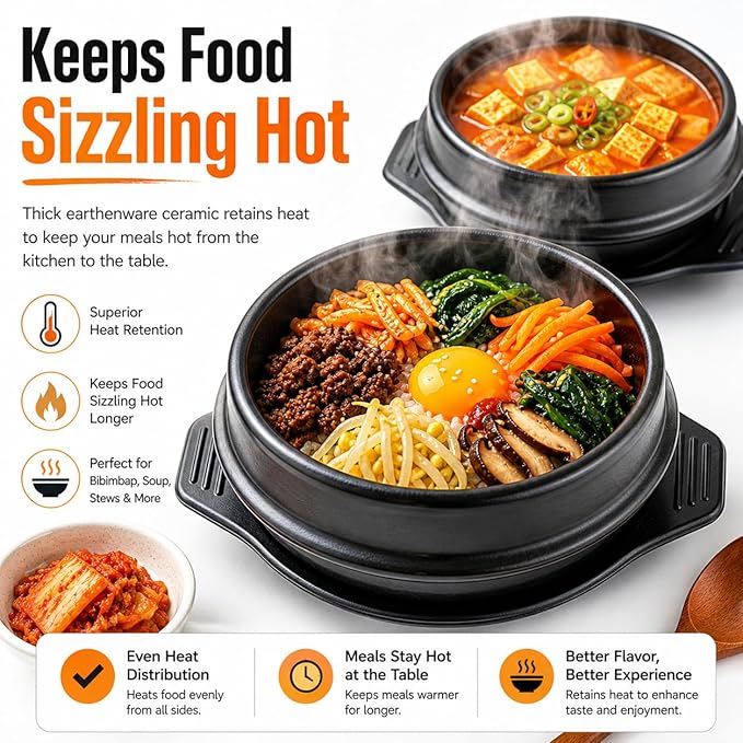 XICHENGSHIDAI Korean Stone Bowl with Tray, Dolsot Bibimbap Bowl, Earthenware Ceramic Hot Pot for Soup, Stew, Rice, Ramen and Ttukbaegi, Oven & Stovetop Safe, Black - 27oz