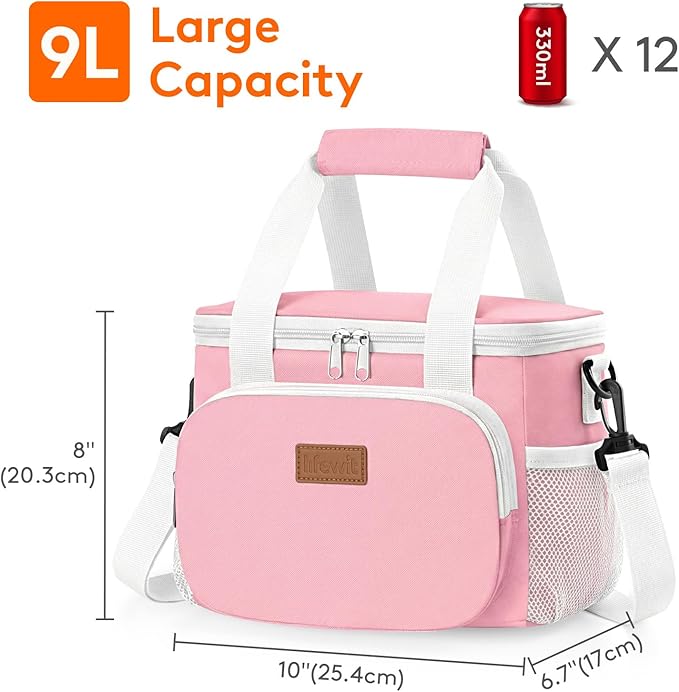 Lifewit Medium Lunch Bag, Insulated Lunch Box, Soft Cooler Cooling Tote for Adult Men Women, Light Pink 12-Can (9L)