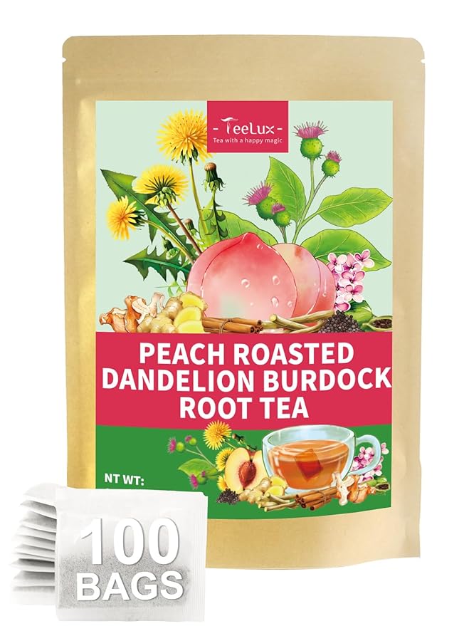 TeeLux Peach Dandelion Burdock Root Tea Bags, Sweet Cinnamon with Zesty Ginger & Toasty Roasted Dandelion Root, Caffeine Free, 100 Count
