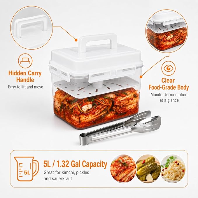Kimchi Fermentation Container, Automatic Press Plate Sauerkraut Jar, Airtight Plastic Food Storage Container with Hidden Handle, Kimchi Making Kit, Clear Pickle Box for Home Kitchen, 5L/1.32gal