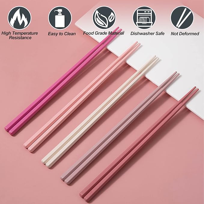 Chopsticks Reusable Dishwasher Safe, Slivek Premium Japanese Chinese Korean Chopstick, Non-slip, Lightweight, 9.05 inches - Macaron Pink Chop Sticks, 5 Pairs