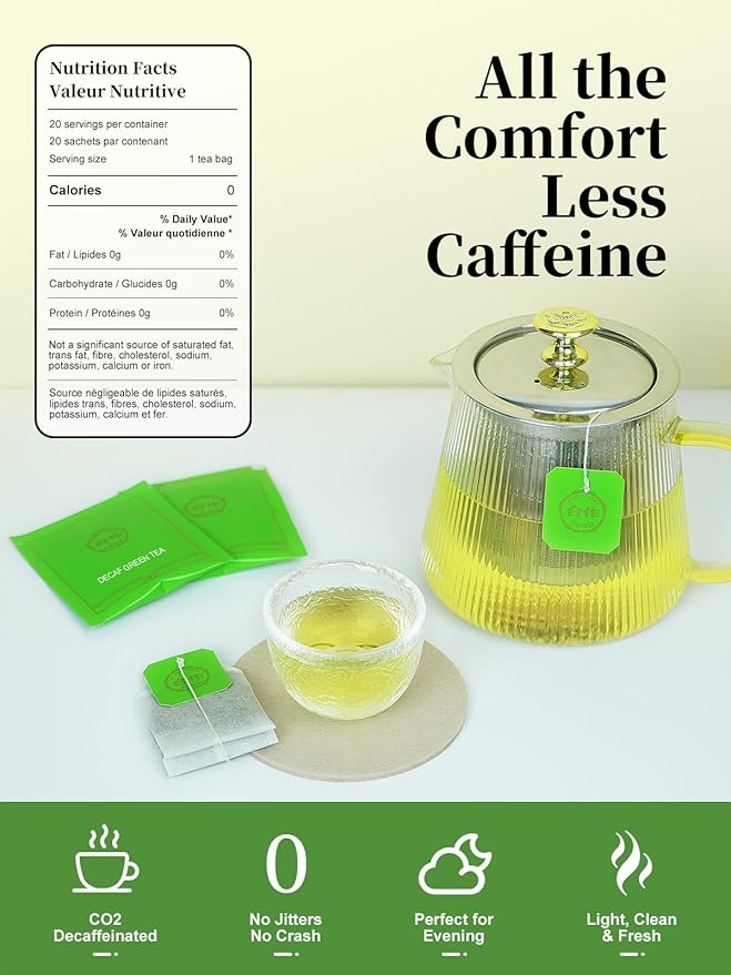 CO-OP 1950 Decaf Green Tea Bags, Naturally Decaffeinated Pure Green Tea, Smooth, Fresh & Clean Flavor, CO₂ Decaf Process, Individually Wrapped, Hot or Iced, 20 Count
