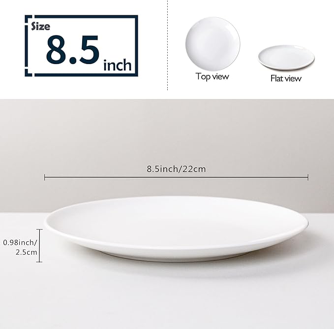 White Salad Plates Set of 6, 8.5 Inch Ceramic Plates – White Porcelain Appetizer & Dessert Plates for Kitchen, Salad, Snack & Everyday Use, Microwave & Dishwasher Safe, 22Cm