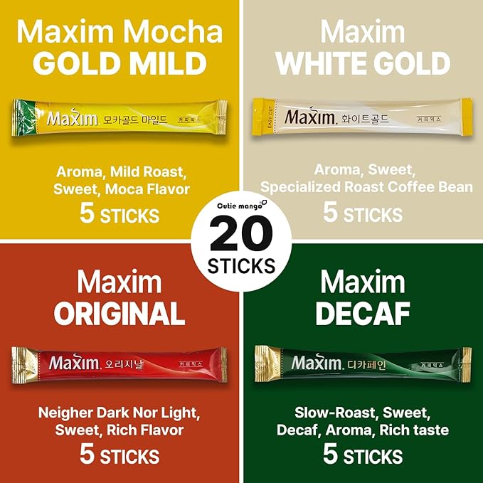 CUTIE MANGO Instant Coffee Mix Packets Single Serve - Korean Variety Coffee Sampler 20 Sticks of 4 Different Flavors, Maxim White, Mocha Gold, Original, Decaf (5 Sticks Each)
