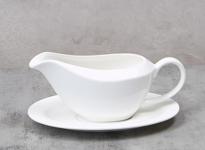 Bone China Wide Rim Commercial Grade Dinnerware Gravy Boat with Dish, Case of 6sets