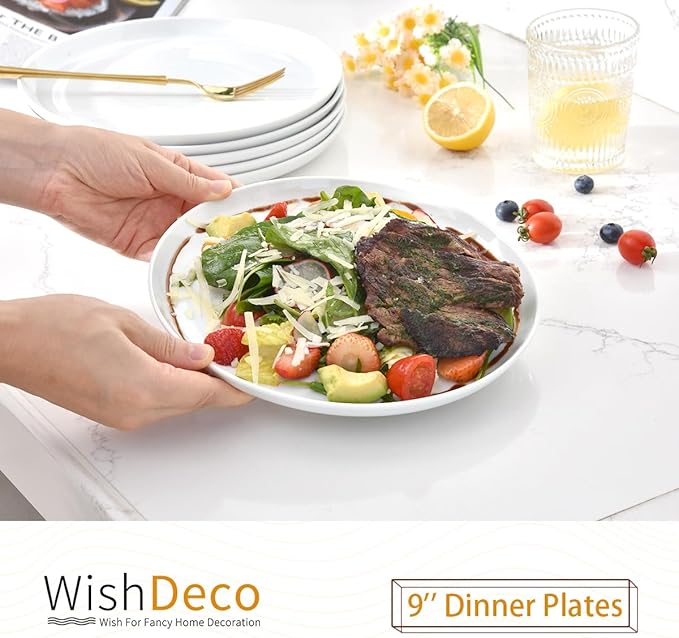 WishDeco White Dinner Plates Set of 6, Porcelain Salad Plates 9 Inch, Modern Kitchen Plate, Round Serving Dishes, Microwave and Dishwasher Safe, Scratch Resistant, Smooth Glaze