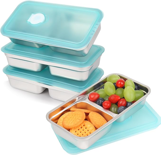 Stainless Steel Snack Containers, 4 Pack Grab and Go Snack Containers Reusable, Double Compartment Food Storage Containers with Lids, Lunch Box Containers for Travel, Outdoor Camping and Daily Use