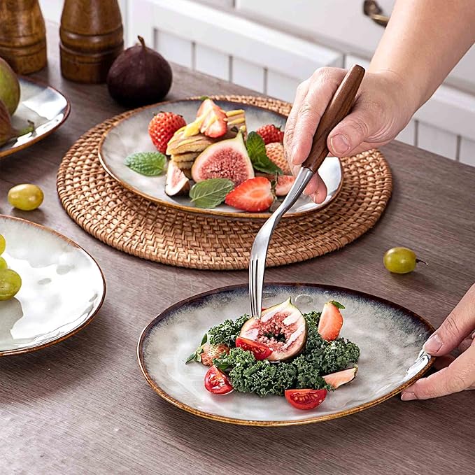 Henten Home Ceramic Appetizer Plate Set, 6.75 Inch Dessert Plates, Reactive Glaze Serving Plates for Snack, Sushi, Set of 4, Microwave & Dishwasher Safe (White)