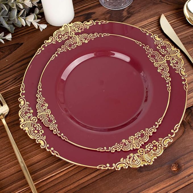 Efavormart 10 Pack | 8" Burgundy and Gold Baroque Dessert Plates, Leaf Embossed Metallic Rim Heavy Duty Appetizer Plates for Fall Harvest Parties
