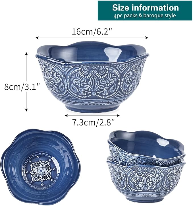 Sungmor Embossed Stoneware Fine Dining Dinnerware, Antique Baroque Style Porcelain 6 Inch (20 oz) Flower Shape Bowls Set of 4, Sophisticated Ceramic Bowls for Soup, Cereal, Oatmeal, Rice, Pasta, Salad