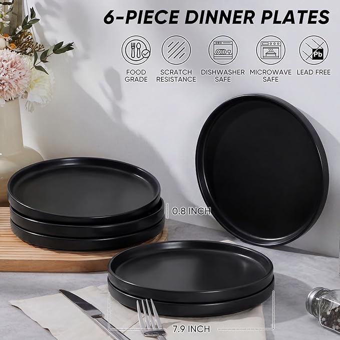 E-far 7.9 Inch Ceramic Dinner Plates, 6-Piece Stoneware Salad Plates with Raised Edges, Chip & Scratch Resistant | Microwave & Dishwasher Safe Dessert Dishes for Appetizer Salad, Matte Black