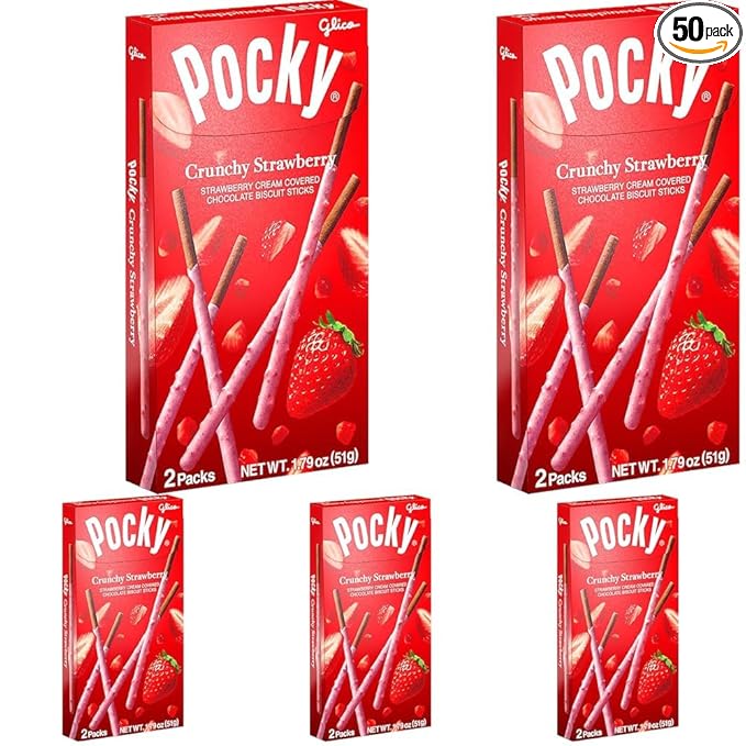 GLICO Pocky Crunchy Strawberry Covered Chocolate Biscuit Sticks 1.79 oz, (Pack of 5)