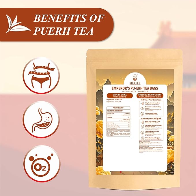 WT WEETEE Emperor's Pu-erh Tea Bags 100 Count, Aged Fermented Yunnan Dark Tea, Mellow & Smooth, Caffeinated