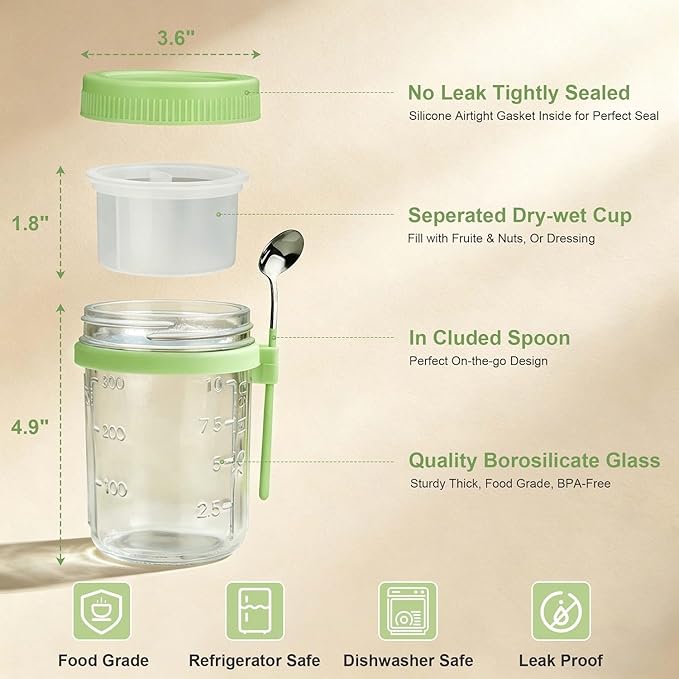 4 Pack Overnight Oats Containers with Lids and Spoons - 16 oz Glass Mason Jars with Dressing Cup, Over night Oat Jars for Meal Prep, Yogurt Parfait Cup for Chiaseed Salad (Green)