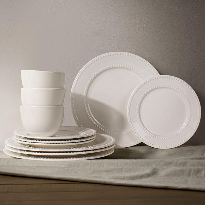 Dinner Plates Set of 4, 10.5 inch White Ceramic Plates, Embossed Salad Plates, Serving Plates for Steak Appetizer, Reusable Kitchen Dining Plates for Restaurant, Dishwasher Microwave Safe