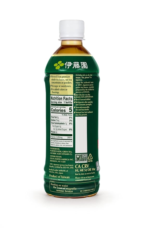 Ito En Oi Ocha Unsweetened Bold Green Tea, 16.9 Fluid Ounce (Pack of 12), Unsweetened, Low Calorie