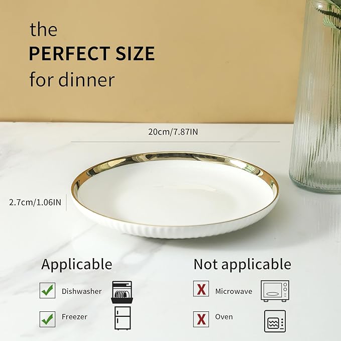 LETAOTAO Salad Plates Set of 4, 8in Ceramic Dinner Plates for Appetizer, Dessert, Porcelain Serving Plate with Gold Rim, Kitchen Porcelain Dish for Pasta, Pancakes, Steak