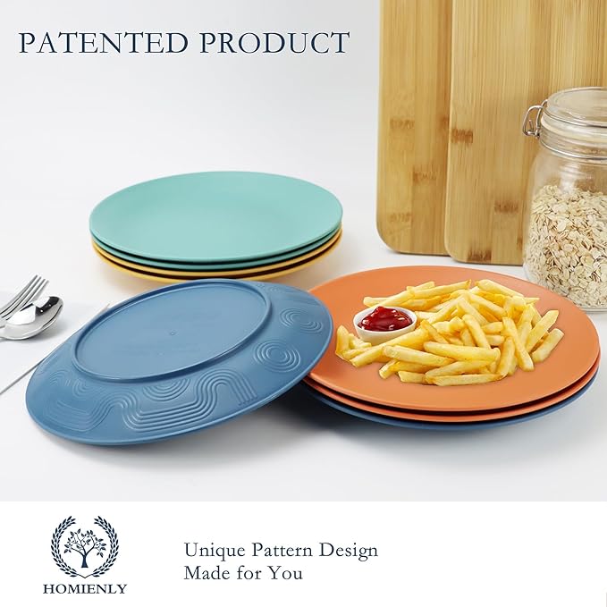 Homienly Flat Dinner Plates Set of 8 Alternative for Plastic Plates Microwave and Dishwasher Safe Wheat Straw Plates for Kitchen Unbreakable Kids Plates with 4 Colors (Multi,10 inch)