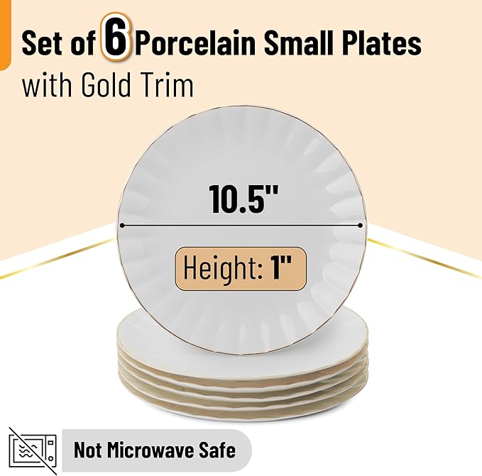 BTaT- Porcelain Dinner Plates with Gold Trim,10.5 inch, Set of 6, White Dinner Plates Bulk, White Plate Set