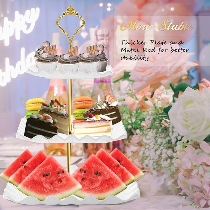 DAFURIET Dessert Cupcake Stand, 3 Tier Cup Cake Holder Tower for Tea Party/Birthday/Wedding, Plastic Tiered Serving Tray with Metal Rod, White