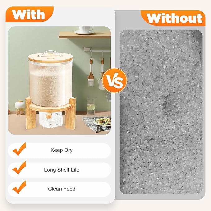 5L Glass Rice Dispenser with Wooden Stand, 1.32 Gal Flour Storage Container, Grain Storage-Bucket Tabletop Cereal Containers w/Manual Venting Valve,Thermometer, Lid, Measuring Cup ﻿ (5L, 1.32Gal)