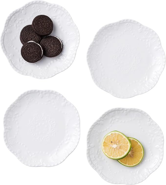 CLAY TONIC 6 In Embossed Lace White Porcelain Plate-Dinner Plate Set, Pasta/Salad/Dessert Plate Tableware Set for Restaurant Family Party Kitchen Use -4 Plates, CL-PL015 (6 Inche, White)