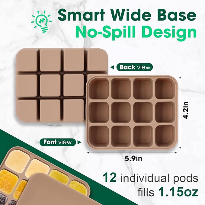 Mimorou 3 Pack Baby Food Freezer Tray with Lids 2.13 oz x 6 Cups/1.15 oz x 12 Cups Silicone Baby Food Storage Container Ice Cube Molds for Homemade Vegetable Fruit Snack(12 Cups,White, Yellow, Brown)