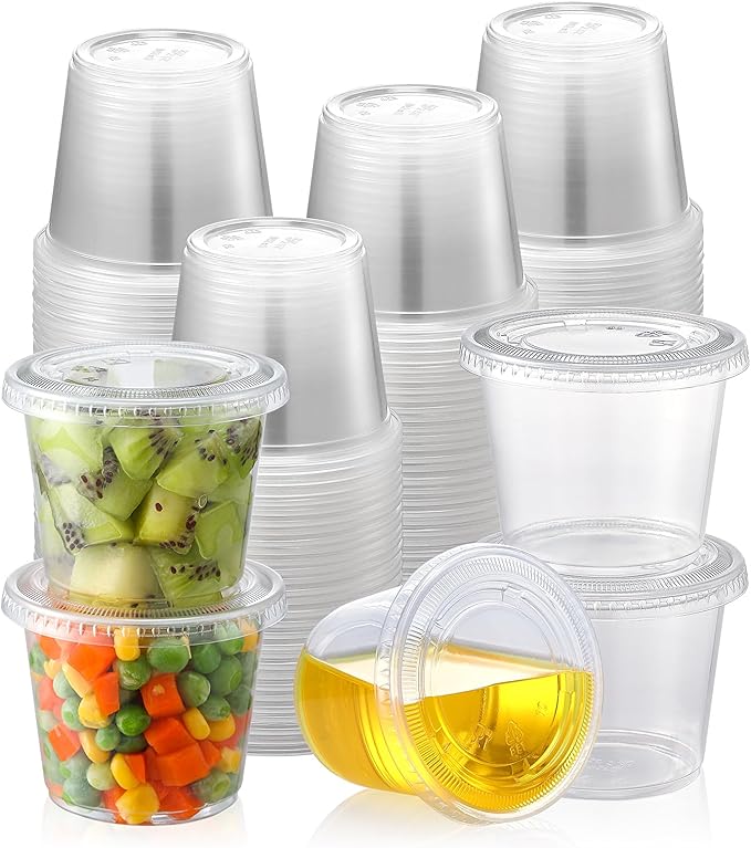 AOZITA [55 Sets - 5.5 oz Portion Cups With Lids, Jello Shot Cups, Small Plastic Containers, Airtight and Stackable Souffle Cups