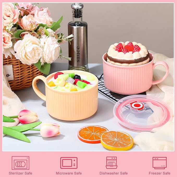 Nuenen 2 Pcs Soup Bowls with Lids and Handles 30 oz Microwave Safe Ceramic Soup Mug Microwavable Ramen Containers with Lids Large Colorful Cups for Noodle Cereal kitchen(Pink, Yellow)