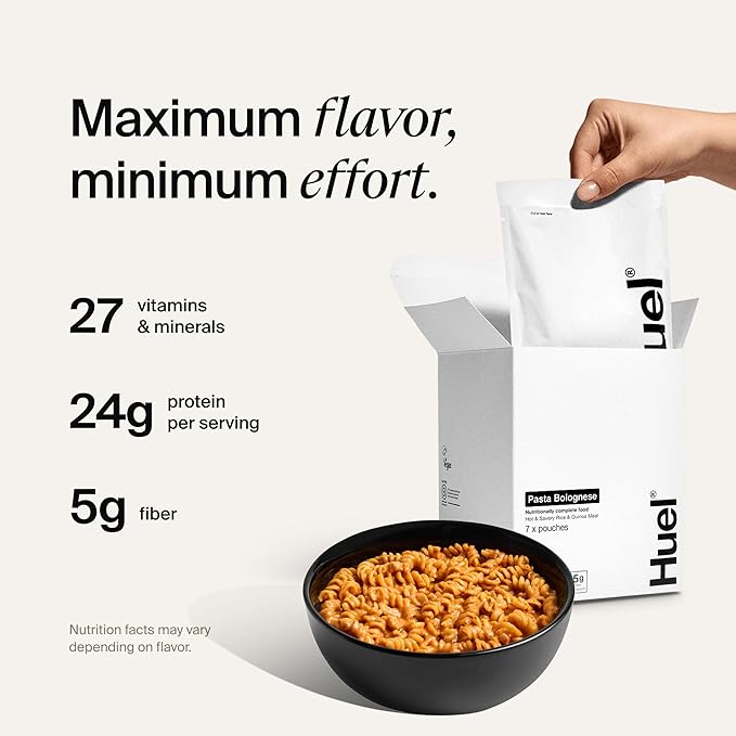 Huel Hot and Savory Meal Packs | Bolognese | Up to 25g Protein Plant Based Instant Meal | 27 Vitamins and Minerals | 100% Nutritionally Complete | 7 Pack