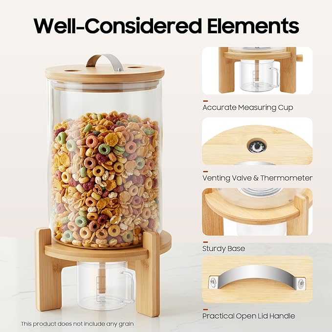 7.5L Glass Rice Dispenser, Cereal Container with Bamboo Stand, Large Airtight Food Storage Bin, Rice Organization Tank with Measuring Cup for Grain Coffee Beans Dry Food