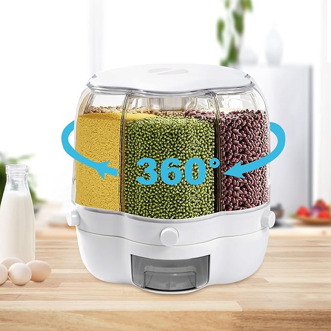 360° Rotating Grain Dispenser With 6 Grids, 13.2lbs Large Capacity Grain Dispenser Rotating Kitchen Storage Containers With Sealed Lid For Peanut Barley Millet And Cereal (White, 17.6 lbs)
