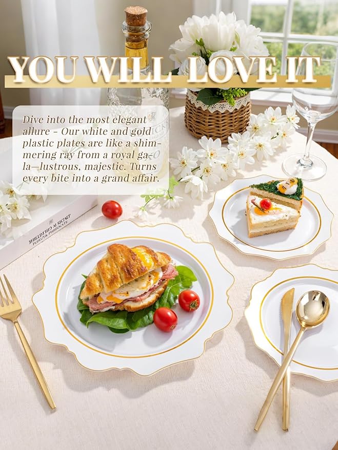 WDF 100PCS White and Gold Plastic Plates - Gold Disposable Plates - Include 50 Dinner & 50 Dessert Plate for Party - Heavy Duty Fancy Plastic Plate for Wedding/Bridal shower