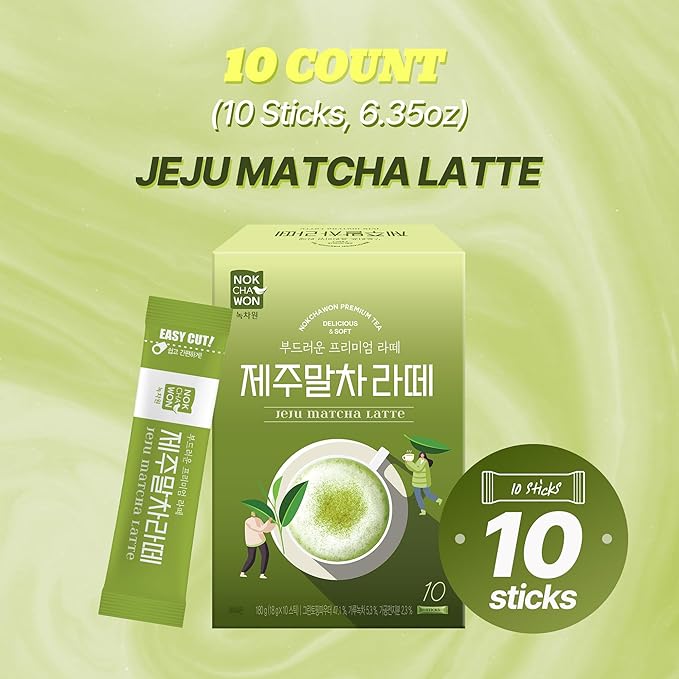 [Nokchawon] Jeju Matcha Latte – Smooth and Creamy Sweet Green Tea Latte with Jeju Grown Matcha Powder, drink mix, korean tea, 10 Sticks, 180g (6.35oz)