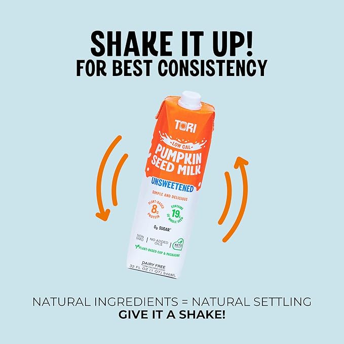 Tori Pumpkin Seed Milk, Unsweetened – Only 30 Calories, 0g Sugar | Plant-Based, No Emulsifiers, No Artificial Ingredients | Rich in Iron, Zinc & Magnesium | Keto & Whole30 Friendly | 32 fl oz (6 Pack)