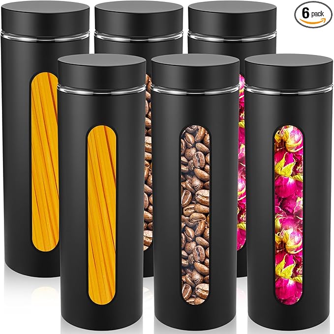 Patelai 6 Pack Kitchen Canisters Set Airtight Stainless Steel Canister Food Storage Container with Window Glass, Coffee Sugar Candy Jars Tea Organizer for Flour Cookies Spice (Black,60 oz)