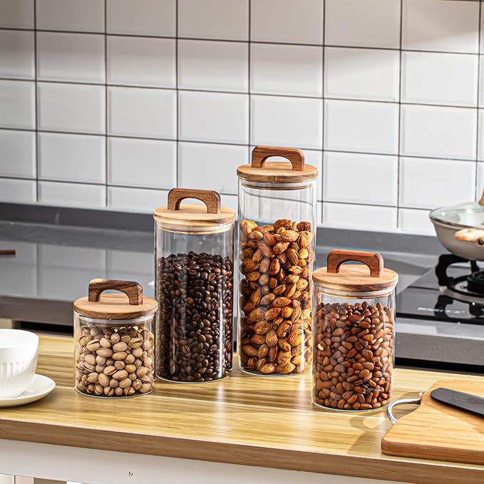 Layhit 4 Pcs Glass Food Storage Jars with Airtight Wood Lid Storage Jars Containers with Stickers Marker for Candy, Cookie, Rice, Sugar, Flour, Pasta, Nuts, 4 Size(Cylindrical)