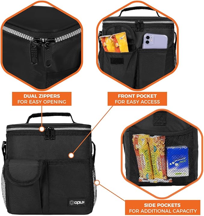opux Insulated Lunch Box for Men Women Kids, Leakproof Reusable Lunch Bag Cooler for Work School Office, Soft Thermal Lunchbox Tote with Shoulder Strap for Boys Girls Adults, Black, 18 Can/10L