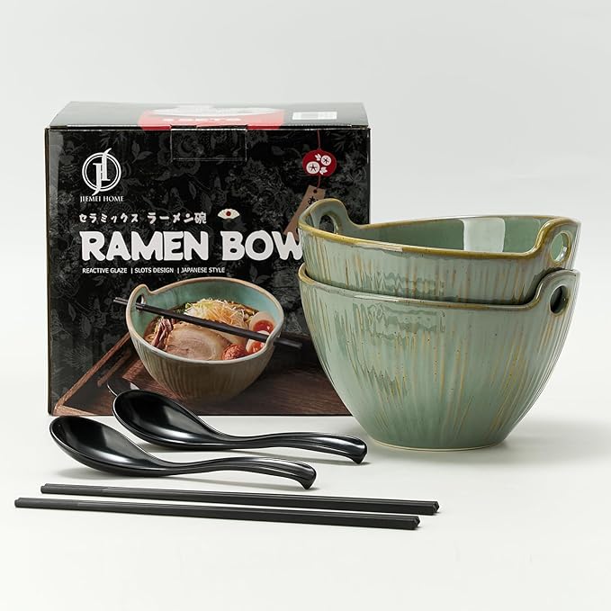 Ramen Bowl with Chopsticks and Spoons Set, 7 Inch Ceramic Noodle Bowl Set of 2, Dishwasher Safe for Pho Udon Soba Noodle Salad Pasta, Special Reactive Wild Sage Earth Bowls Set