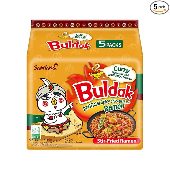 Samyang Curry Buldak Korean Spicy Hot Chicken Stir Fried Ramen Noodles 4.94oz (Pack of 5)