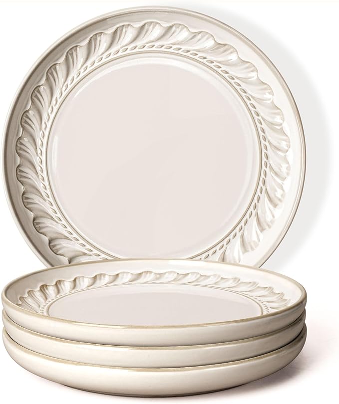 Artena Salad Plates Set Of 4, 8.5 Inch Embossed Ceramic Dinner for Appetizer Dessert, Kitchen Plates With Lipped Edges, Microwave Oven Dishwasher Safe (Willow Leaf)