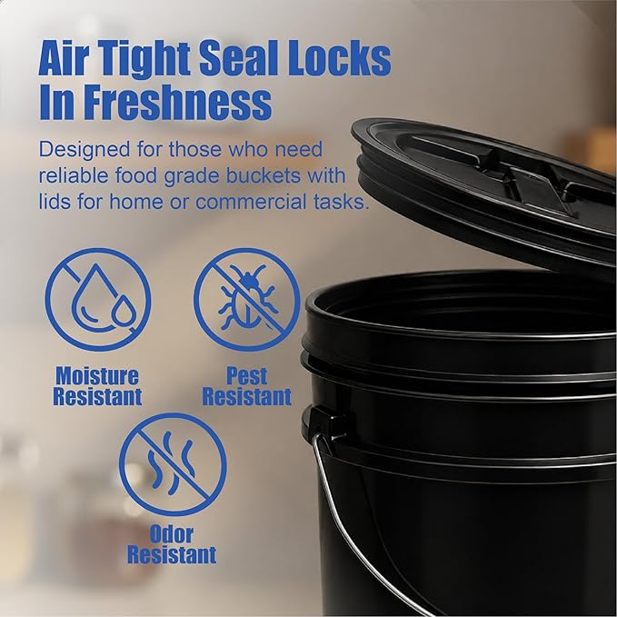 ePackageSupply 5 Gallon Bucket - Food Grade Bucket with Airtight Gamma Seal Screw-On Lid, BPA-Free, Heavy-Duty 90 Mil HDPE Plastic, Bulk Storage, Durable Container, Made in USA, Black/Black, 6 Packs