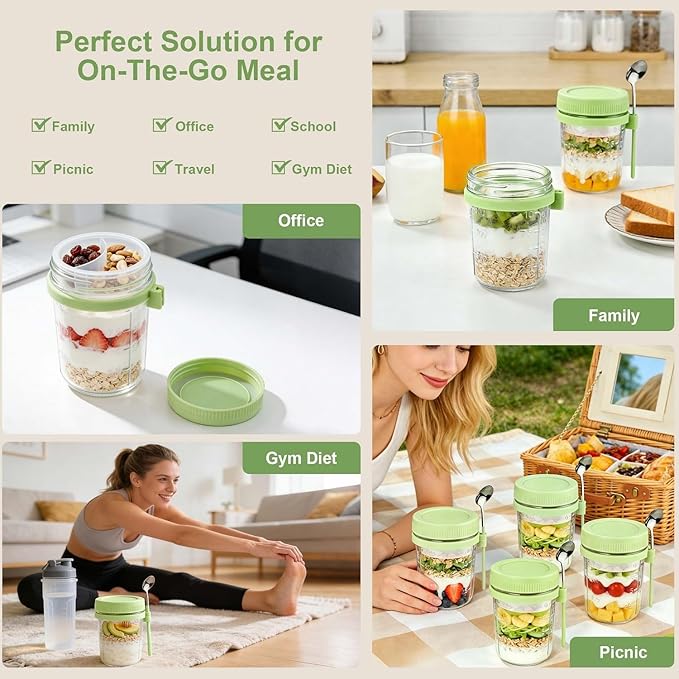 4 Pack Overnight Oats Containers with Lids and Spoons - 16 oz Glass Mason Jars with Dressing Cup, Over night Oat Jars for Meal Prep, Yogurt Parfait Cup for Chiaseed Salad (Green)