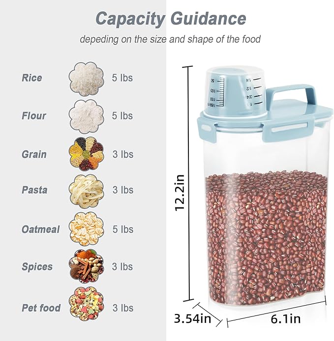 LEAWALK Airtight Rice Storage Container, 3 to 5Lbs Cereal Dry Food Flour and Sugar Bin, Pet Dog Cat Food Dispenser with Measuring Cup, BPA Free Clear Plastic Kitchen and Pantry Organization Bin-Blue