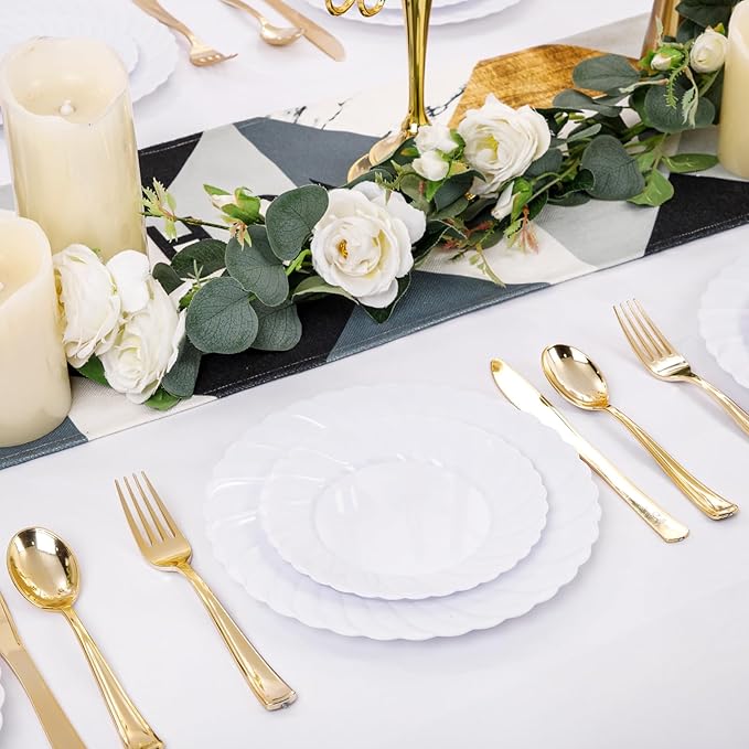 U-QE 100 Pieces White Plastic Plates - 9 Inch White Disposable Plates - Washable & Reusable - Premium Hard Plates - Party Supplies for Party, Celebrations, Travel, Wedding, Party and Events