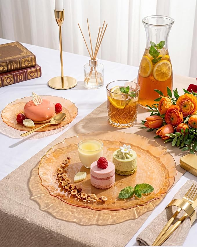 bUCLA 40PCS Orange Plastic Disposable Plates - Fancy Clear Orange Hammered with Gold Lace-Edge - Include 20 Each (10inch Dinner & 7inch Dessert) Plates for Party & Wedding