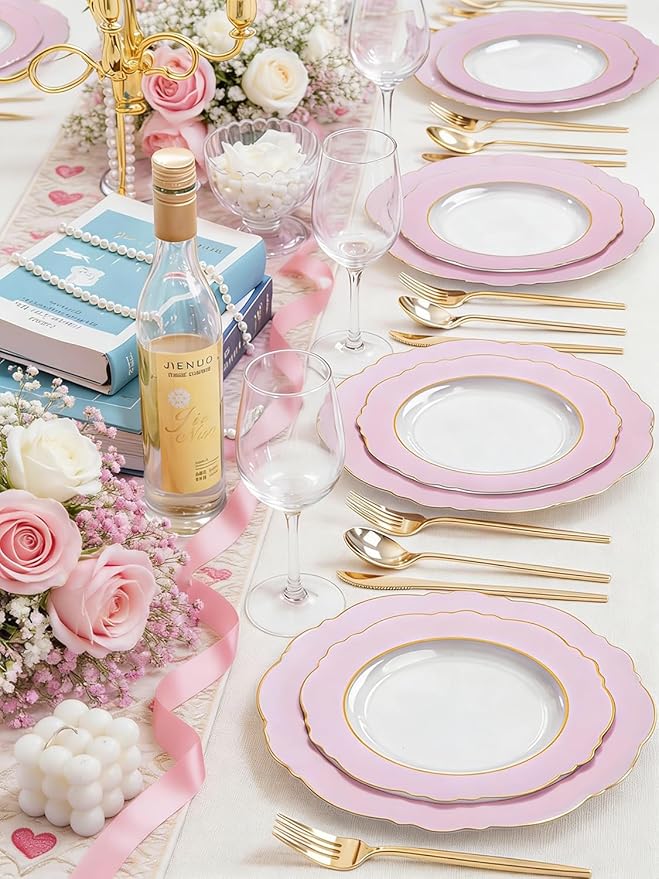 WDF 60Pcs Pink Plates Disposable with Gold Rim - Baroque Clear Pink and Gold Plastic Party Plates Ideal for Wedding/Baby Shower/Spring