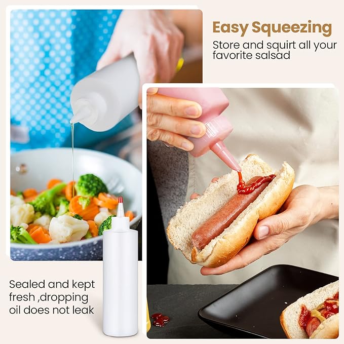 Irenare 30 Pack Plastic Condiment Squeeze Bottles for Sauces Empty Squirt Bottle with Top Cap for Condiment BBQ, Dressing, Paint, Workshop, Crafts(Red,16 oz)
