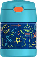 THERMOS FUNTAINER Insulated Food Jar, 10 Ounce, Kid Friendly Food Jar with Foldable Spoon, Robot Doodles
