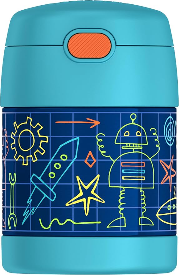 THERMOS FUNTAINER Insulated Food Jar, 10 Ounce, Kid Friendly Food Jar with Foldable Spoon, Robot Doodles